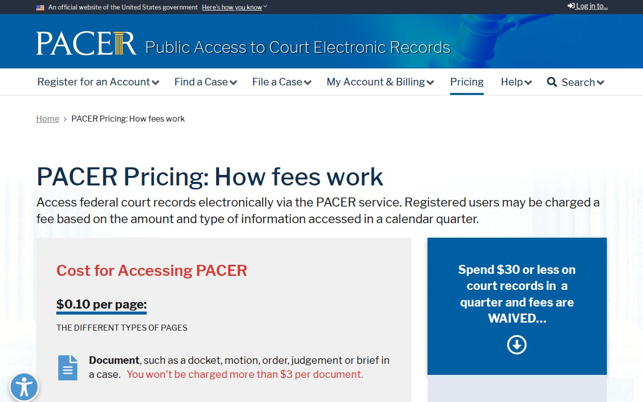 Official PACER federal court pricing page