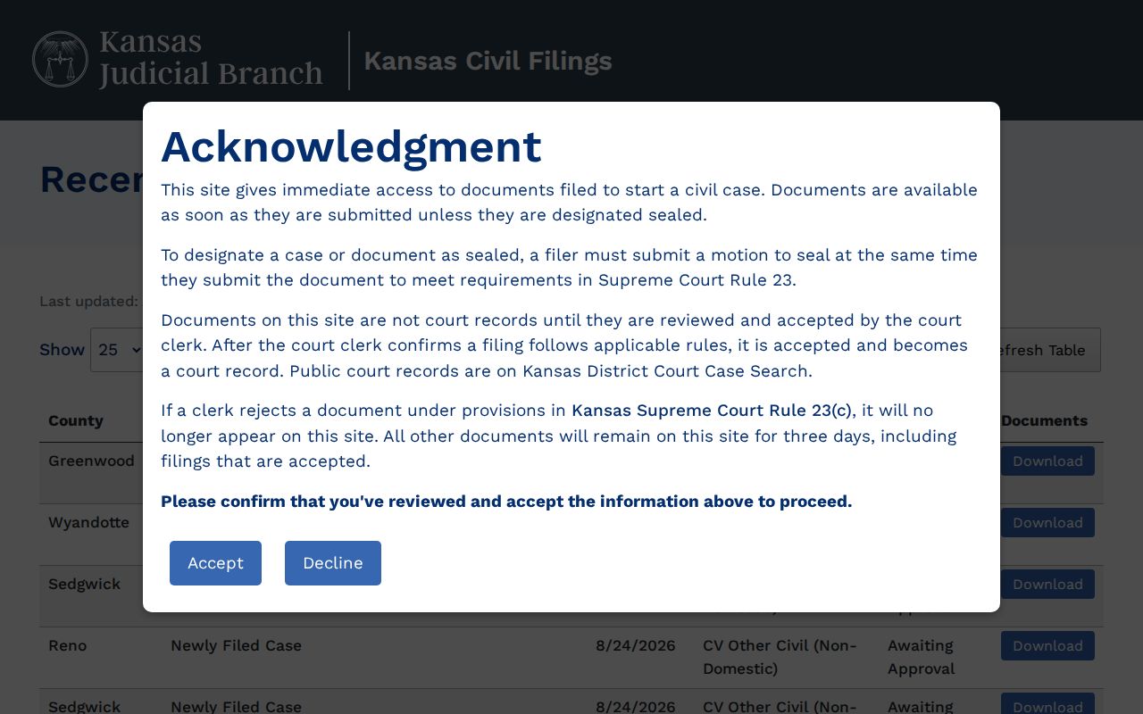 Ford County case search through Kansas New Civil Filings
