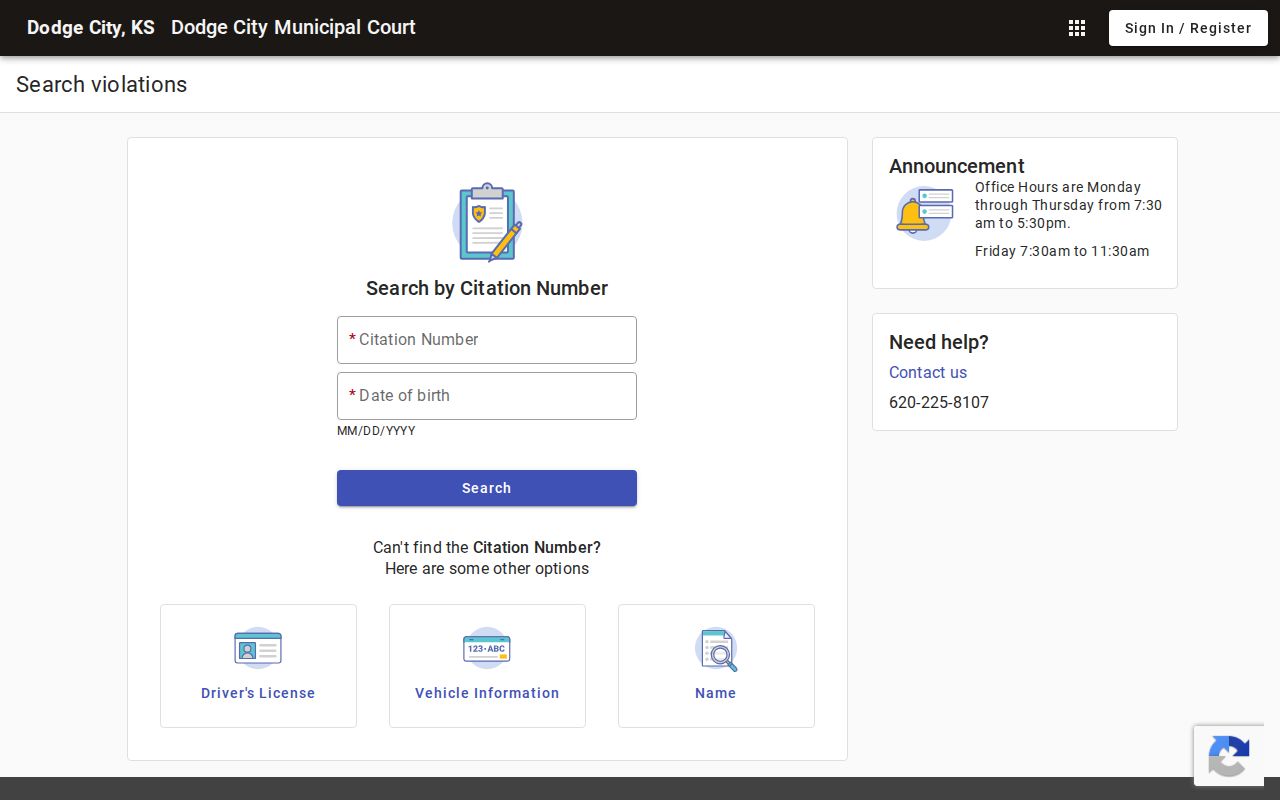 Dodge City municipal citation search interface