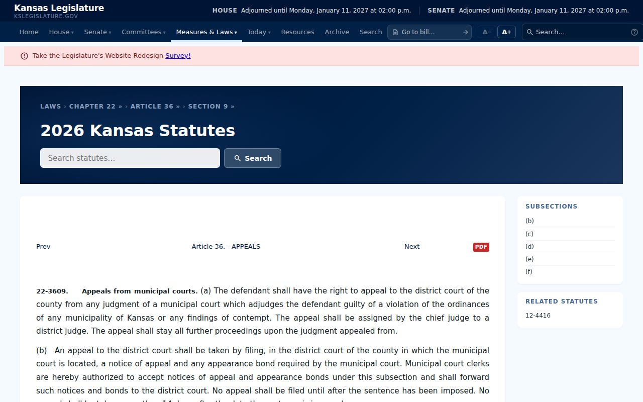 Kansas municipal appeal statute K.S.A. 22-3609